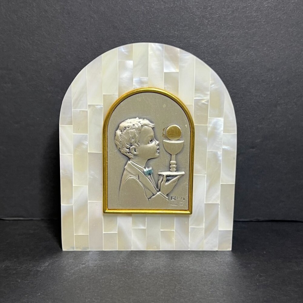 First Communion Boy Mother of Pearl Sterling Silver 925 Freestanding Plaque 4"